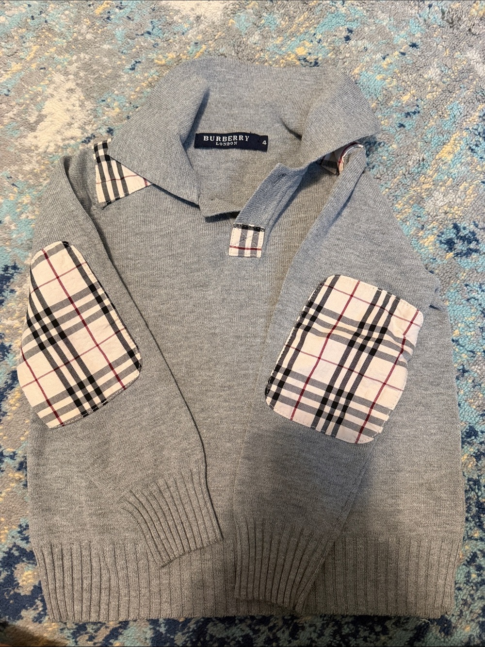 Burberry Light Gray V-Neck Sweater with Signature Check Elbow Patches